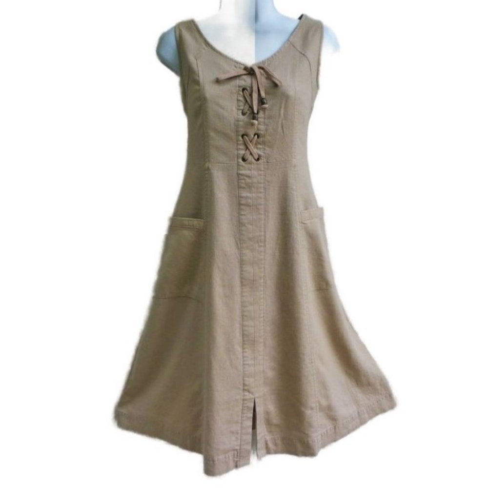 Vintage Chadwicks of Boston Ecru LiNeN Dress Fit Flare Lace Up Pockets Back Zip
